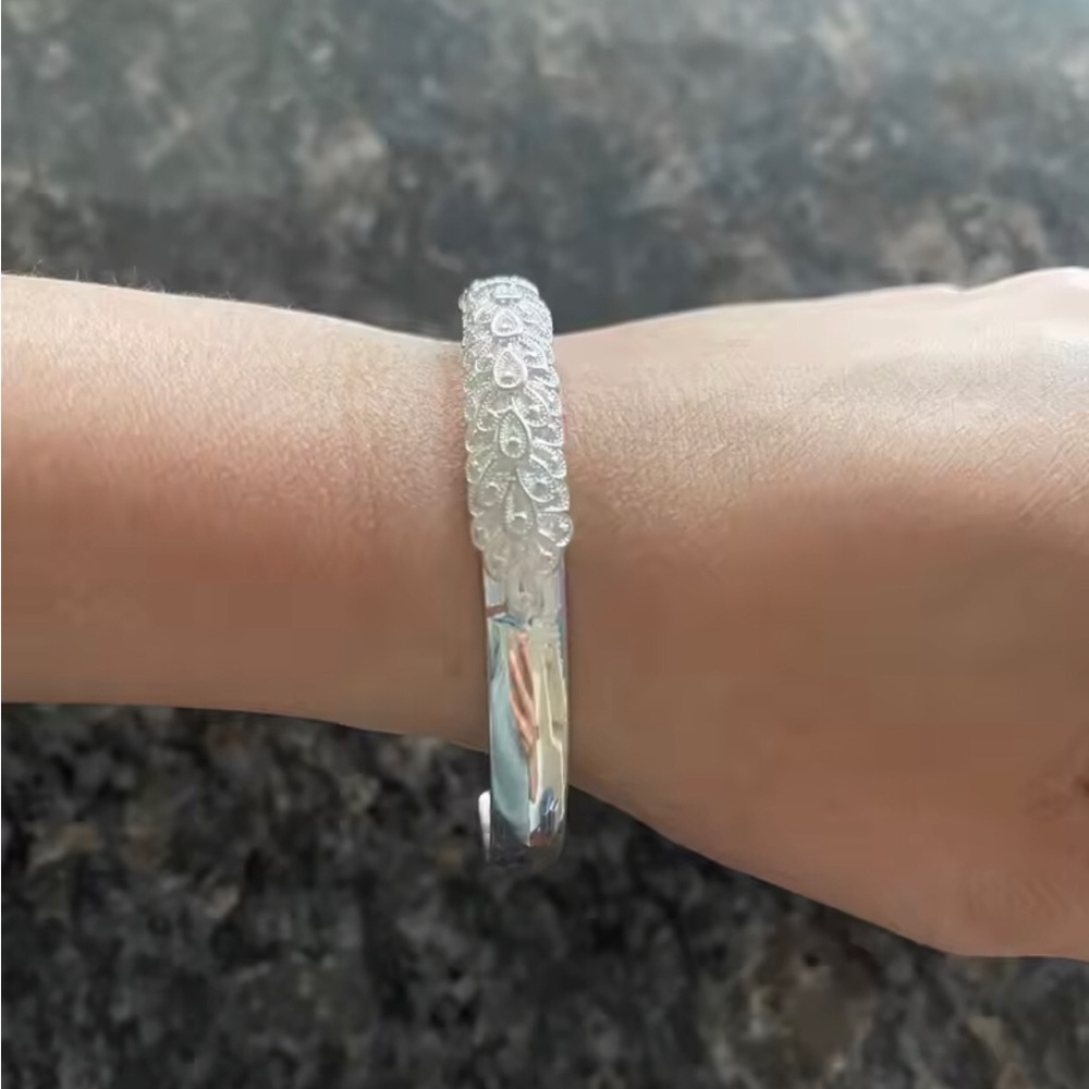 Elegant Sterling Silver Floral Cuff Bracelet - Women Jewelry